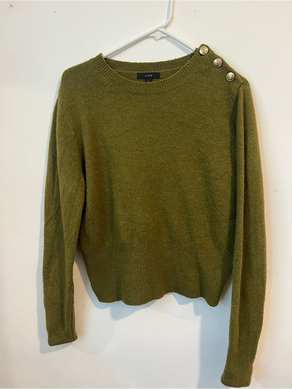 J. Crew Olive Button-Accent Crewneck Sweater